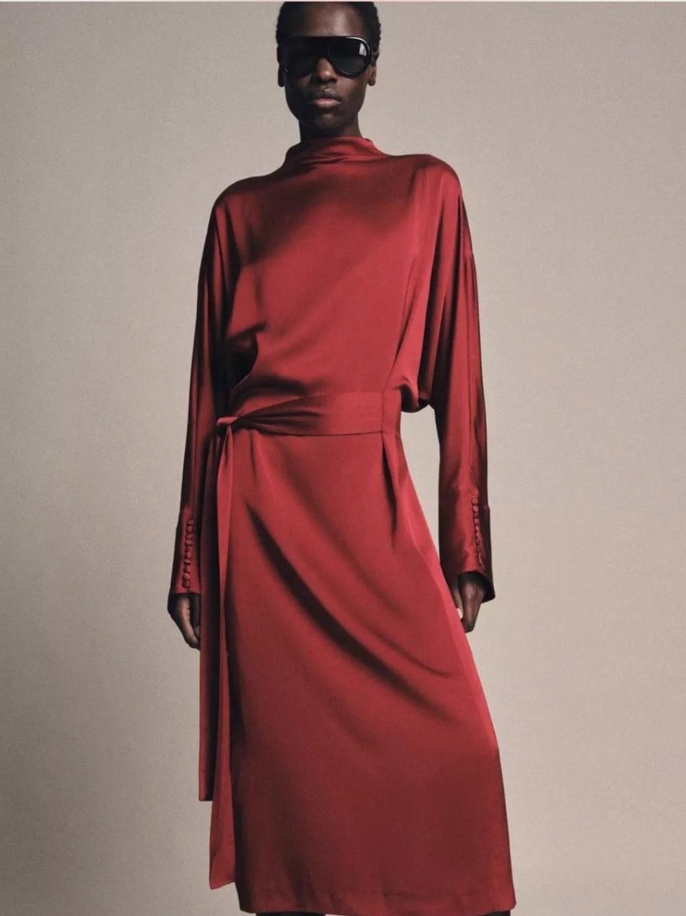 Zara Satin Tie-Waist Long-Sleeve Red Midi Dress